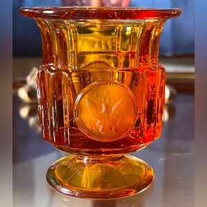 2 pieces Fostoria coin bowl & cigarette urn or toothpick holder in Amber color